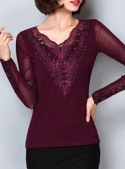 Wine Red Sexy Lace Embellished V-neck T-shirt