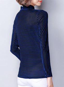 Blue Brief Stand Collar Striped T-shirt