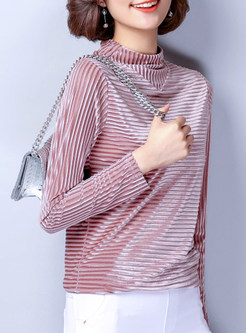 Pink Brief Stand Collar Striped T-shirt