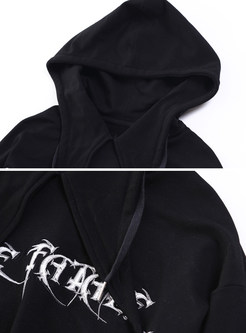 Casual Black Hooded Embroidery Hoodie