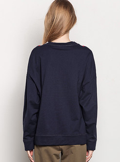 Navy Blue Sexy V-neck Loose Pullover Hoodie