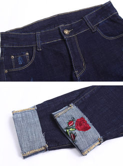 Rose Embroidery Hole Rolled Pencil Jeans