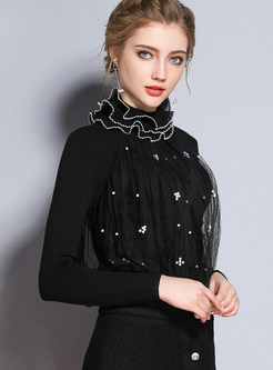 Fashion Black Embellished Ruffled Collar Sweater