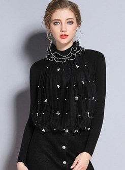 Fashion Black Embellished Ruffled Collar Sweater