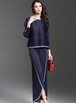 Blue Brief Batwing Sleeve Top & Stitching Wide Leg Pants