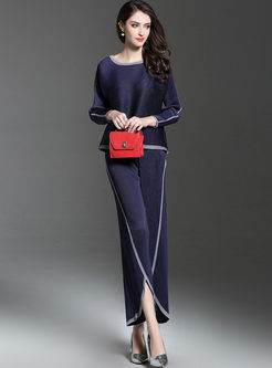 Blue Brief Batwing Sleeve Top & Stitching Wide Leg Pants