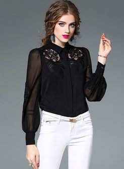 Hollow Out Mesh Embroidery Turn Down Collar Blouse