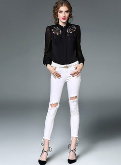 Hollow Out Mesh Embroidery Turn Down Collar Blouse