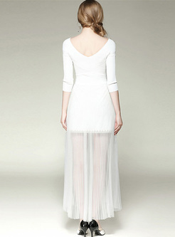 White V-neck Knitted Mesh Patched Maxi Dress