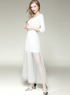 White V-neck Knitted Mesh Patched Maxi Dress