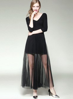 Black V-neck Knitted Mesh Patched Maxi Dress