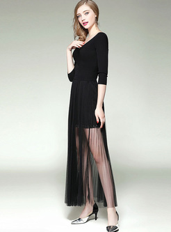 Black V-neck Knitted Mesh Patched Maxi Dress