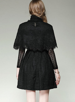 Black Lace Caped Patched A-line Dress