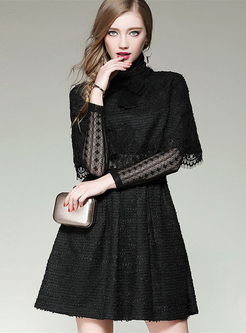 Black Lace Caped Patched A-line Dress