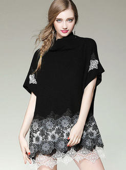 Black Lace Embroidery Bat-shaped Knitted Dress