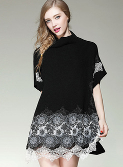 Black Lace Embroidery Bat-shaped Knitted Dress