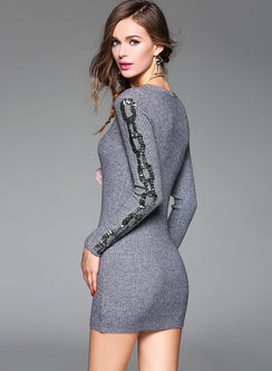 Sexy Sequins Long Sleeve Bodycon Knitted Dress