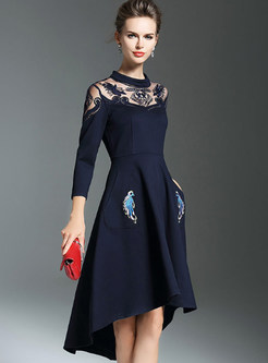 Navy Blue Chic Embroidery A-line Skater Dress