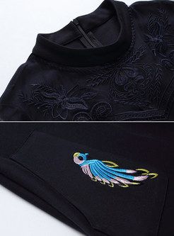 Navy Blue Chic Embroidery A-line Skater Dress