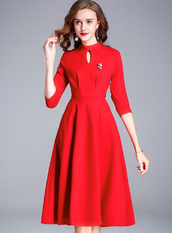 Red Fashion Three Quarters A-line Skater Dress