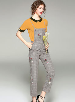 Short Sleeve Knitted Sweater & Embroidered Plaid Overalls 