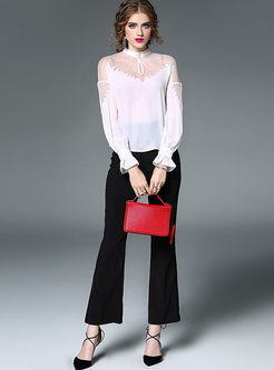 Hollow Out Mesh Embroidery Stand Collar Blouse