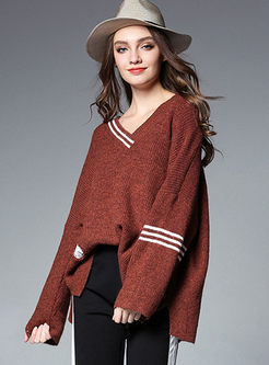 Stylish Hit Color V-neck Loose Knitted Sweater