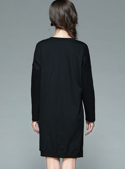 Black O-neck Loose Long Sleeve T-shirt Dress