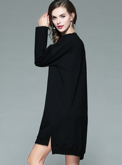 Black O-neck Loose Long Sleeve T-shirt Dress