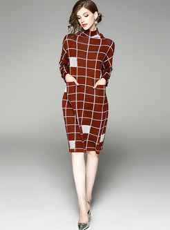 Brown Casual Checked High Neck Knitted Dress