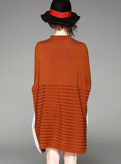 Brown Casual Batwing Sleeve Contrast Color Knitted Dress