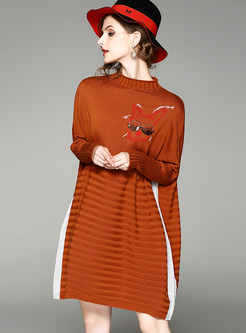 Brown Casual Batwing Sleeve Contrast Color Knitted Dress