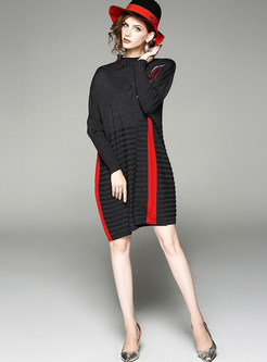 Casual Batwing Sleeve Contrast Color Knitted Dress