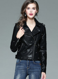Stylish Black Turn Down Collar PU Jacket