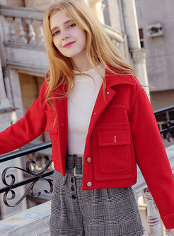 Red Turn Down Collar Woolen Short Coat