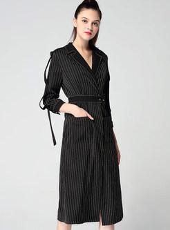 Stylish Vertical Striped Tie Waist Trench Coat