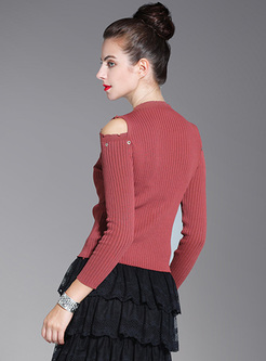 Plain Slim Off Shoulder Beaded Sweater