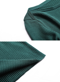 Green Brief Flare Sleeve Slim Knitted Sweater