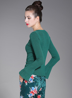 Green Brief Flare Sleeve Slim Knitted Sweater