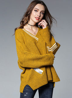 Stylish Hit Color V-neck Loose Knitted Sweater