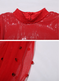 Red Cartoon Pattern Lantern Sleeve Sweater