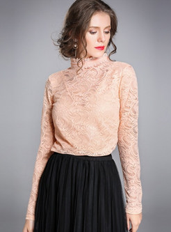 Pink Elegant Lace Hollow Out High Neck T-shirt