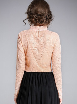 Pink Elegant Lace Hollow Out High Neck T-shirt