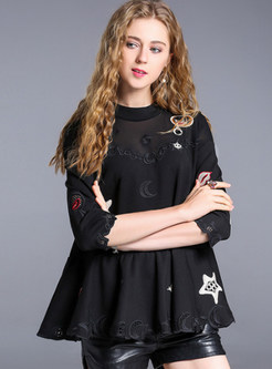 Black Casual Embroidery Patchwork T-shirt