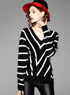 Stylish Striped V-neck Sweater