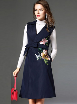 Navy Blue Fashion Embroidery Belted Vest
