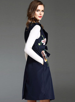 Navy Blue Fashion Embroidery Belted Vest