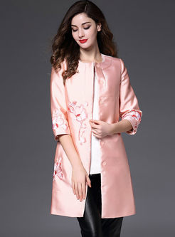 Ethnic Pink Embroidery O-neck Three Quarters Sleeve Coat