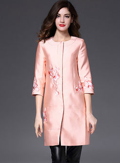 Ethnic Pink Embroidery O-neck Three Quarters Sleeve Coat