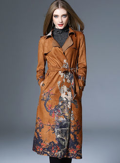Ethnic Floral Print Suede Belt Trench Coat